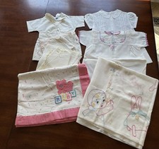 Vintage Baby Lot Hand Embroidered Crib Sheet, Blanket,Robes,Dresses More