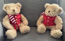 Lot 2 FAO Schwarz 12" Holiday Teddy Bears Plush Striped Scarf Red Puffer Vests