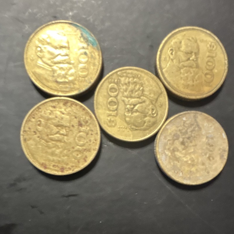 Lot of 5 Mexican 100 Pesos Brass Coins, Circulated, Uncertified, Ungraded
