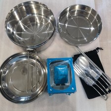 3pcs Outdoor Camping Stainless Steel 2 Layer Round Mess Tin with Cutlery Stove
