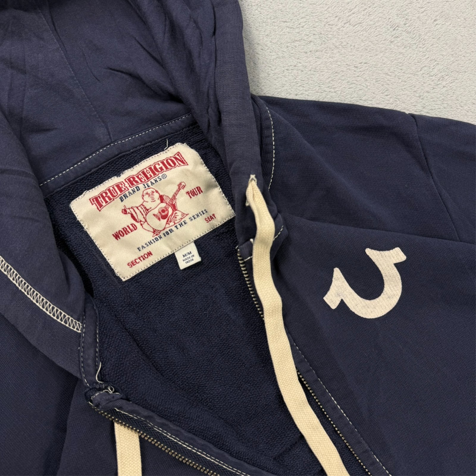 VTG True Religion 2000's Navy Contrast Stitch Oversized Medium Full Zip Hoodie image 5