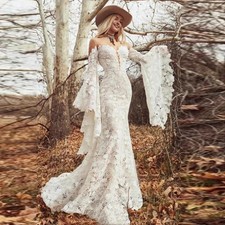 Vintage Boho Mermaid Wedding Dress Off Shoulder Lace Flared Sleeves Formal Dress