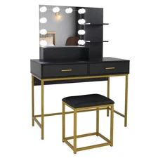 Makeup Vanity Table with Stool and Plug Outlet 2 Drawers  DressingTable Black