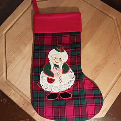 Vintage Christmas Grandma Plaid Stocking Lace Apron Satin Lined 17.5''