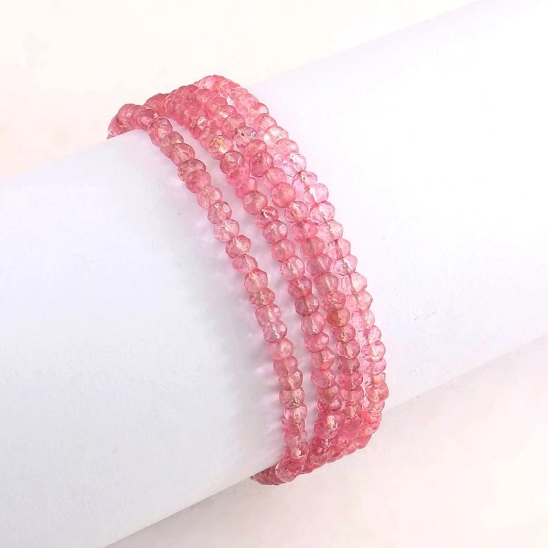 4 Layer Dainty Pink Topaz Faceted Rondelle Gemstone Beads Unisex Bracelets 6-8'' - Image 4 of 4