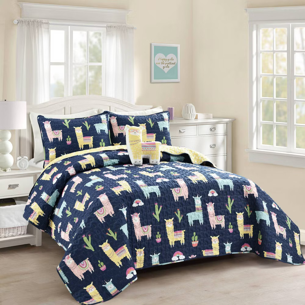 3pc Twin Kids Southwest Llama Cactus Reversible Quilt Set Navy - Lush 6990₽