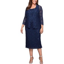 NWT Alex Evenings Womens Gown Size 10 Navy Lace Cover Sequin Elegant