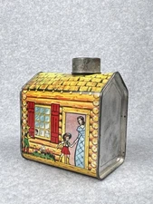Vintage  Towle's Log Cabin Syrup Tin Litho Bank Mother Daughter Cowboy Son
