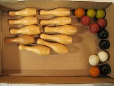 Vintage Mini Wooden 2-3/4" Bowling Set 10 Pins & 12 Vintage Marbles