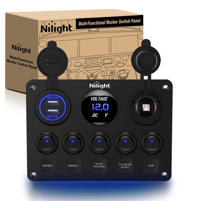 Nilight 90101E 5Gang Multi-function 5 Gang Rocker Dual Usb Charger + D