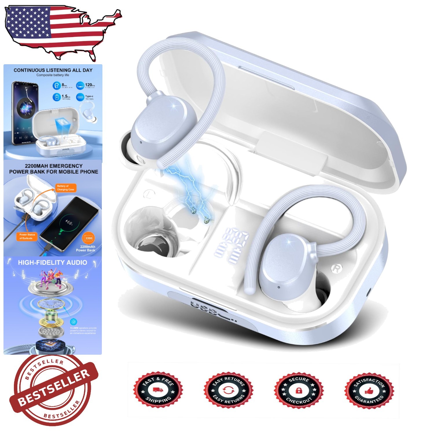 HiFi Stereo Wireless Earbuds with Deep Bass, Ergonomic Fit & 120hr Playtime