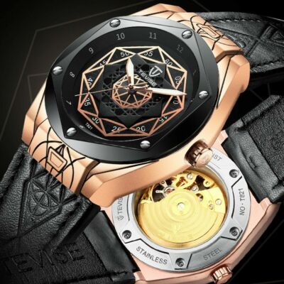 Luxury Automatic Mens Skeleton Watch -Geometric Reinforced Glass Waterproof A