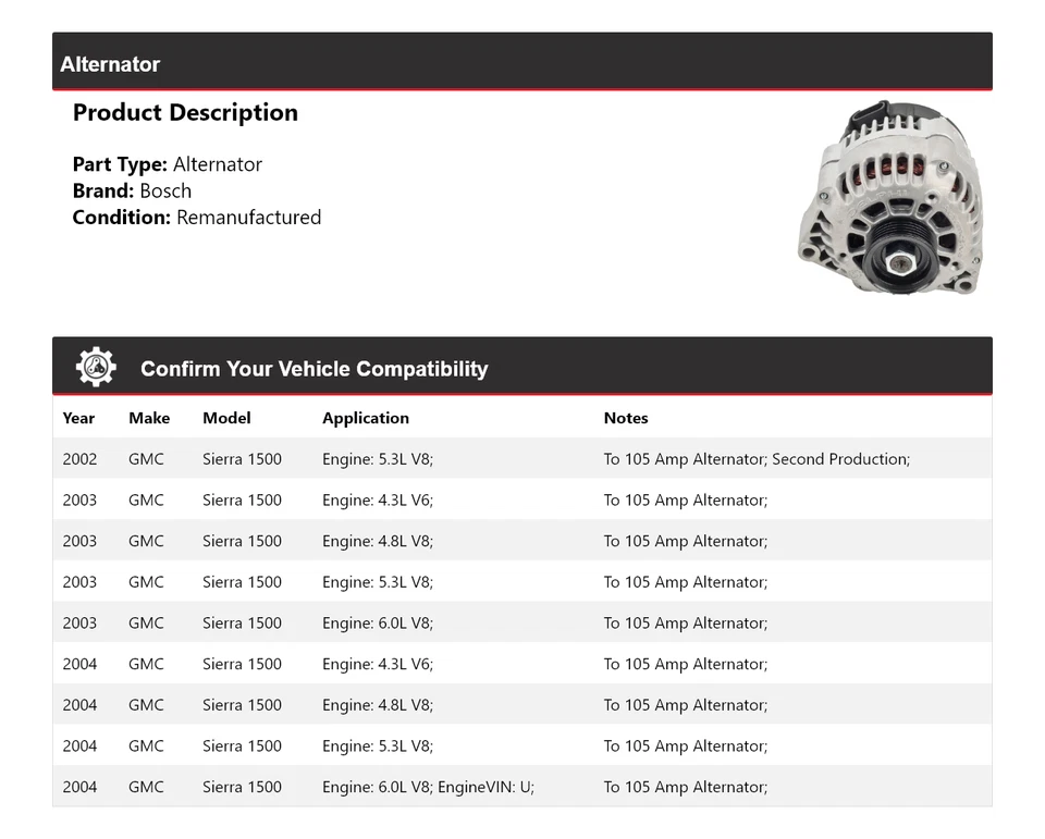 Alternador Bosch GMC Sierra 1500 2002-2004 (remanufacturado) 2003 Foto 2 de 4