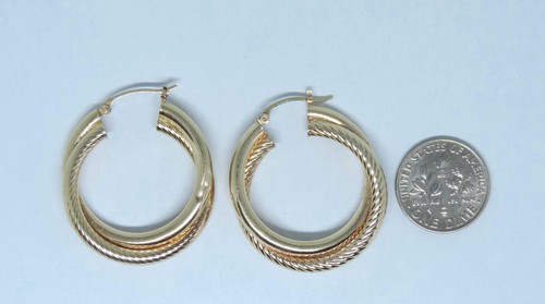Ladies Overlapped Smooth/WaveTextured Hoop Earrings - 14 Karat Yellow Gold - Picture 3 of 3