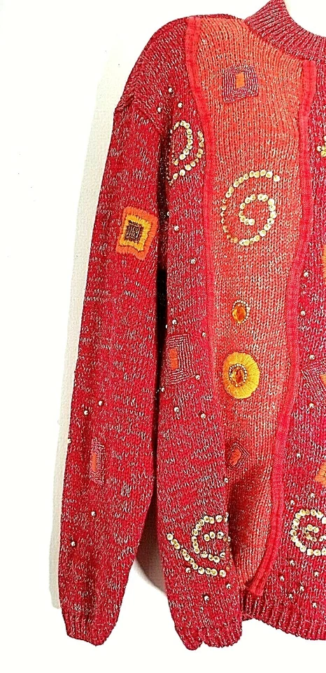 复古 Ann Wi 女式装饰橙色和红色毛衣上衣 M 10 12 L 14 — 第 4/4 张图片