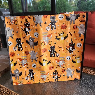 New TJ Maxx Shopping Gift Bag Reusable Big Tote Orange Halloween Cats in Costume