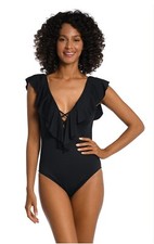 La Blanca Black Ruffle Neckline Island Goddess One Piece Swimsuit Sz 12