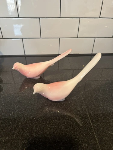 Set of 2 Vintage Fenton Pink And White Satin Milk Glass Dove Figurines