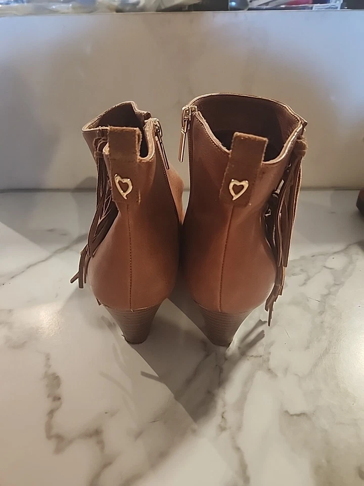 Thalia Sodi Womens 10M COGNAC Brown Lorys Fringe Leather Ankle Boots Stack Heel - Image 4 of 4