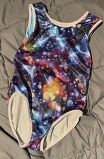 Girls Gymnastics Leotard Shiny Galaxy Print Size 6A 5-6yrs Activewear EUC