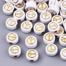 7MM White Flat Round Acrylic with Gold Peace Sign Beads