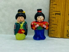 Tiny Japanese Kimono Geisha Dolls Kokeshi 2pcs Porcelain Dollhouse Miniatures
