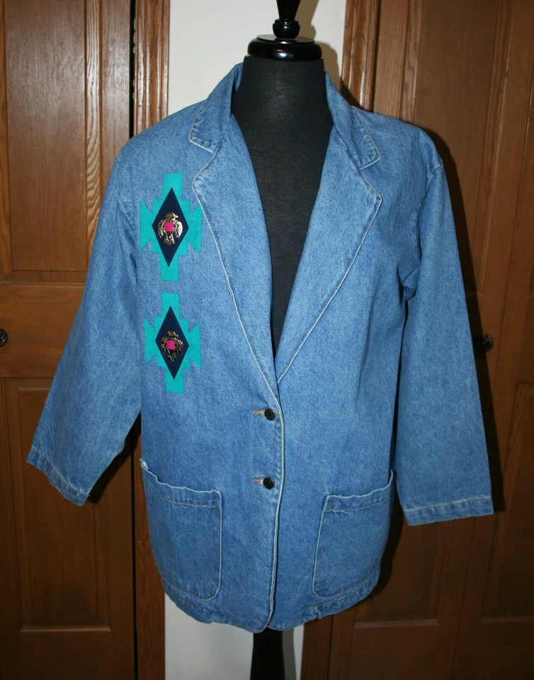 Women's Native American Southwestern Denim Field Jacket M/L SUNBELT Blazer - Image 2 of 4