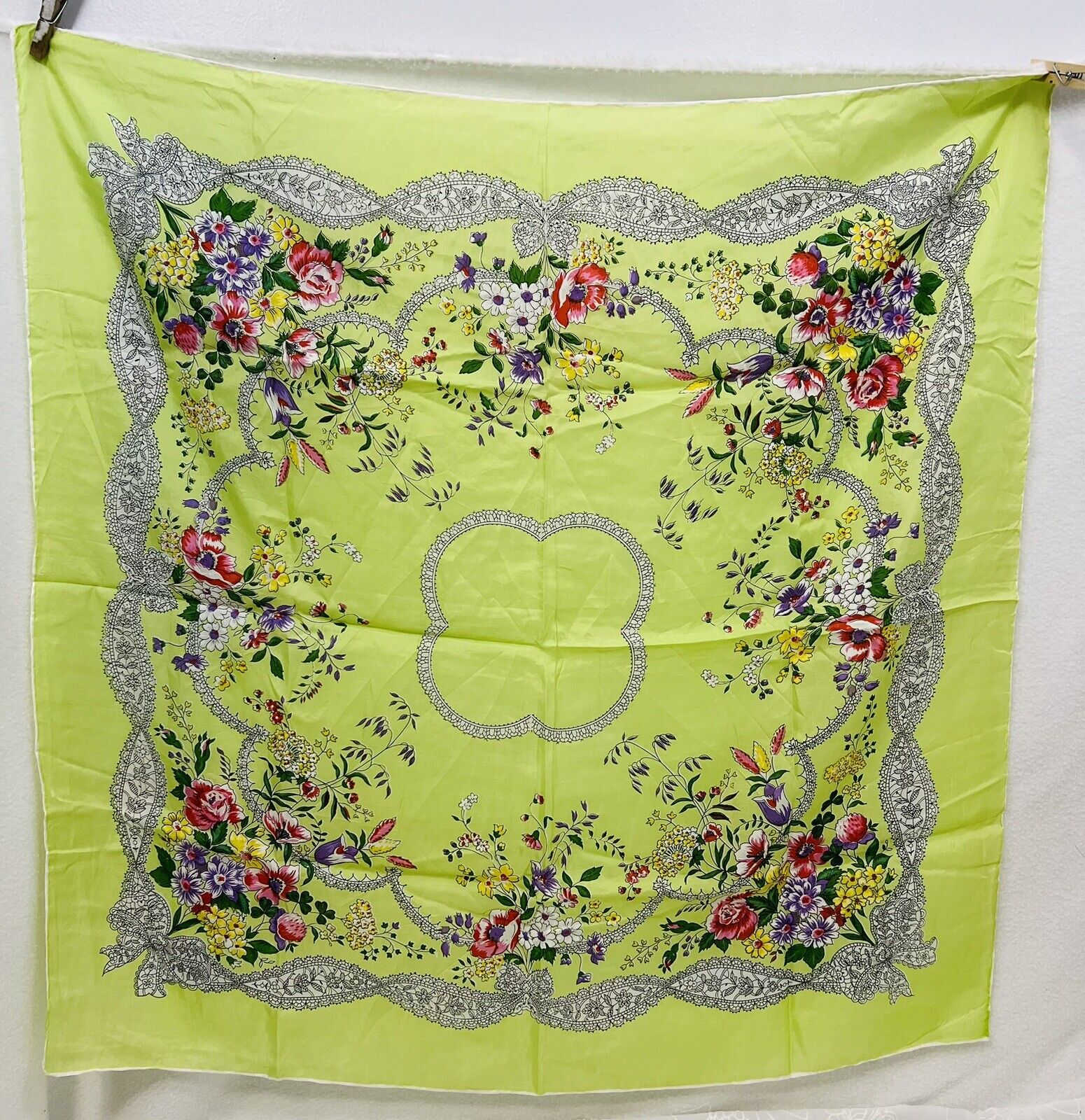 Vtg BESTMAID Lime Green Floral Silk / Rayon Scarf… - image 1