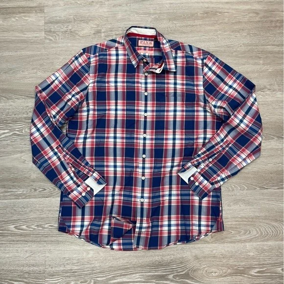 Thomas Pink Plaid Casual Shirt Red Blue White L