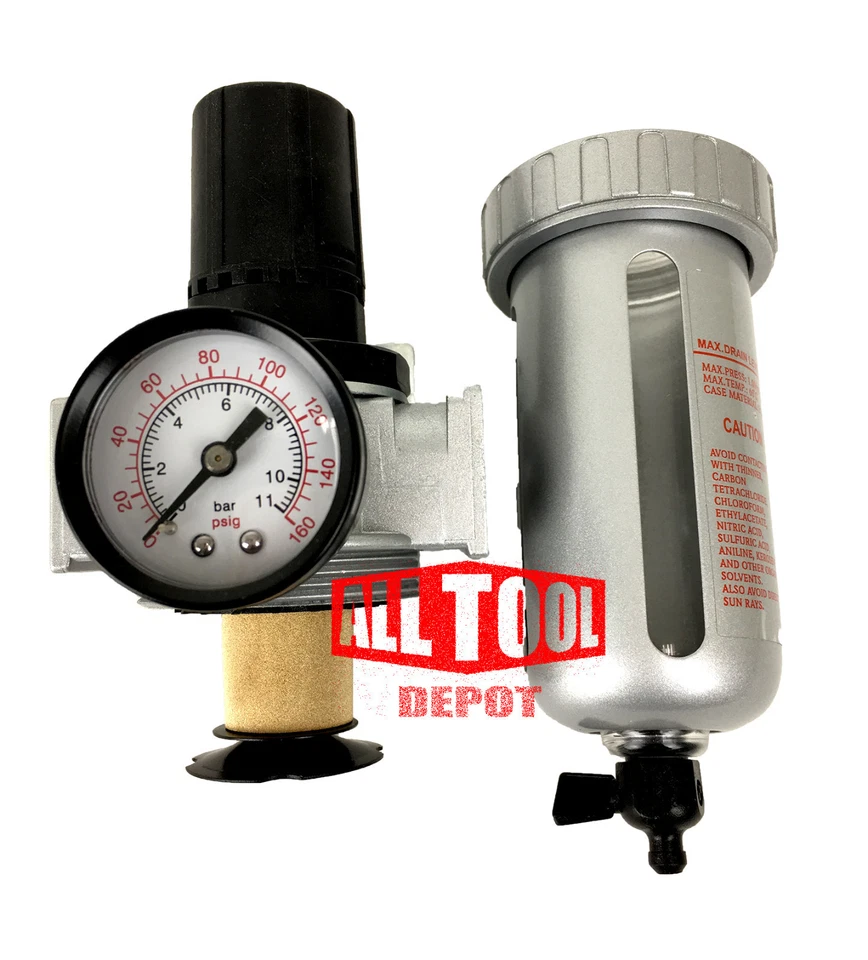 1/4" Mid Flow Air Compressor Regulator & Filter Combo w/ Gauge /Manual Drain - Image 3 of 4
