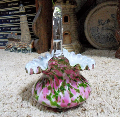 Fenton Art Glass Vasa Murrhina Rose Aventurine Ruffled 7-1/2" Tall Basket