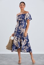 Blue Beige Gold Off Shoulder Bandeau Summer Midi Maxi Wedding Guest Dress Size12