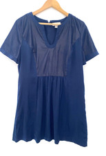 LOFT Outlet Navy Blue Split Scoop Neck Dress Velvet Panels Lined Size L