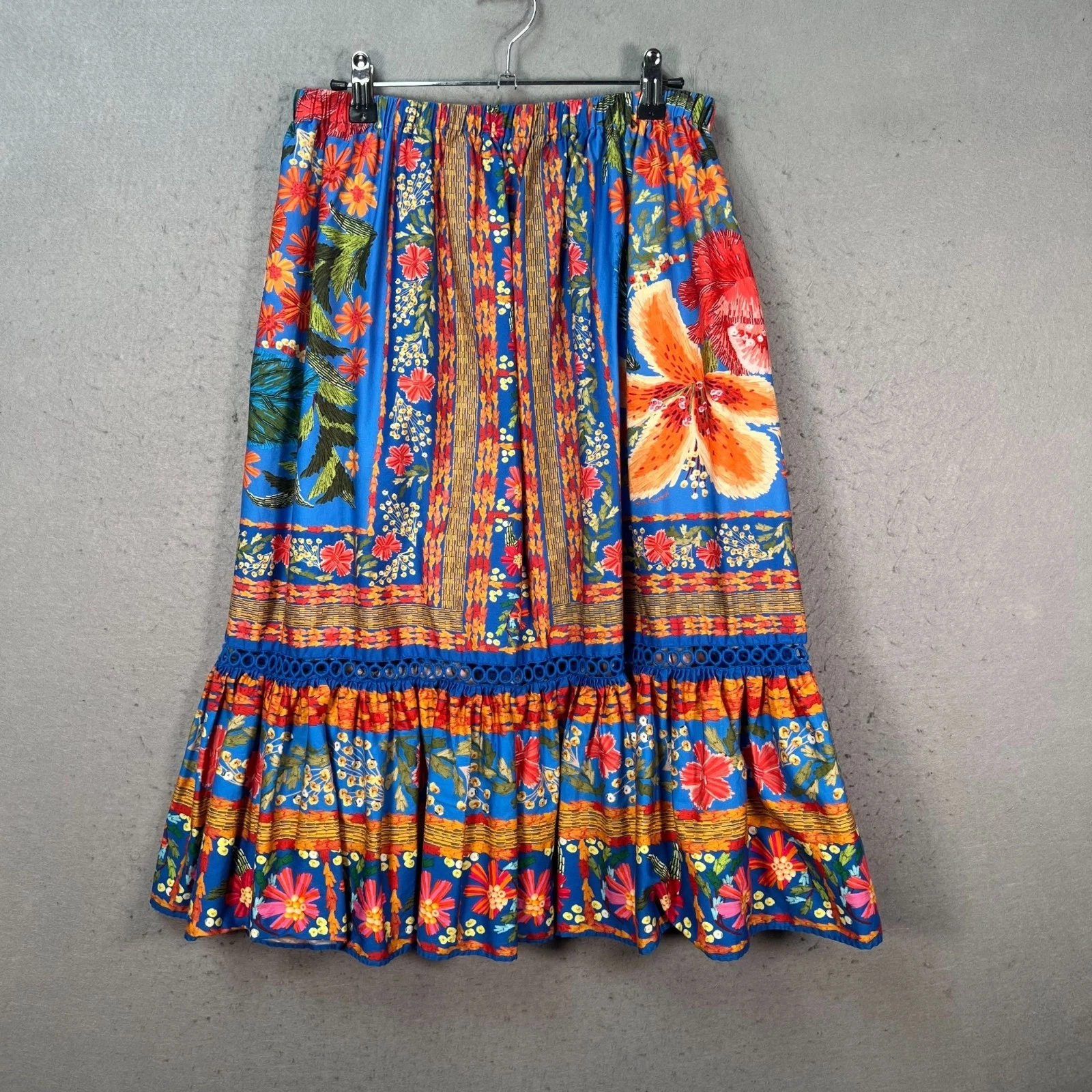 Farm Rio Womens Medium Blue Floral Tiered Maxi Skirt 100% Cotton Elastic Waist