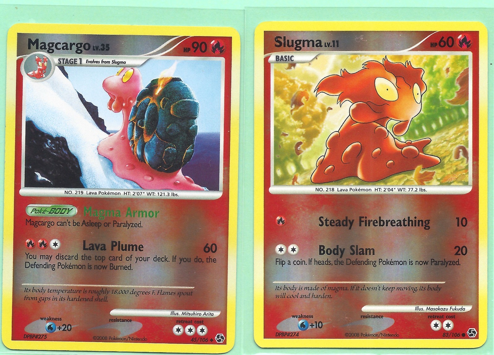 2008 POKEMON MAGCARGO 45/106 & SLUGMA 83/106 GREAT ENCOUNTERS REVERSE HOLO NM