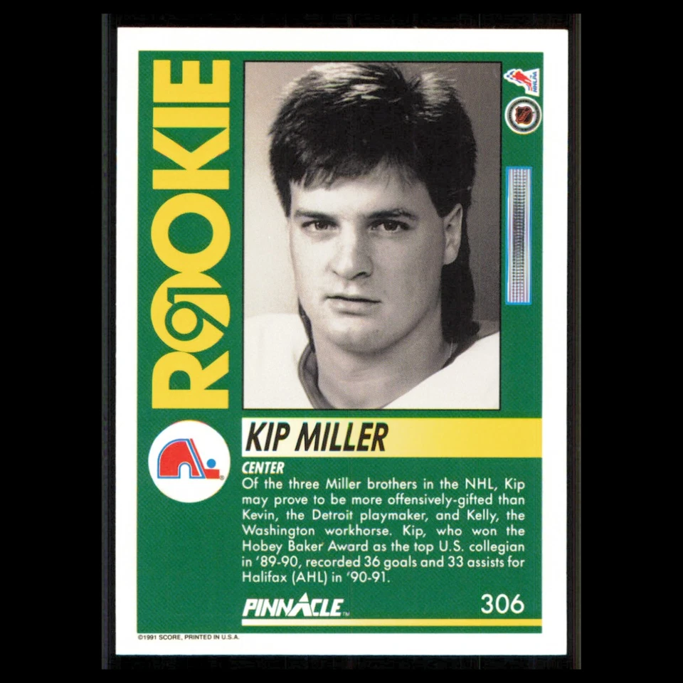 Kip Miller Rookie #306 1991 Pinnacle Quebec Nordiques Hockey Card NHL NM - Image 2 of 3