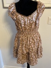 American Eagle Brown/Pink Floral Ruffled Sleeve Tiered Mini Dress V-neck Large