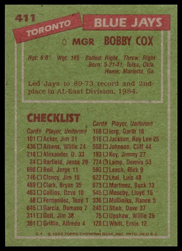 1985 Topps #411 Bobby Cox Toronto Blue Jays NM+ - Picture 2 of 2