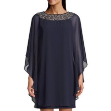 XSCAPE Women's Beaded Chiffon Capelet Dress 22W Navy Blue Wedding Mom of Bride
