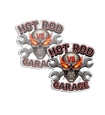 Vintage V8 Hot Rod Garage Flaming Skull Stickers Decal Made in USA 2 PACK