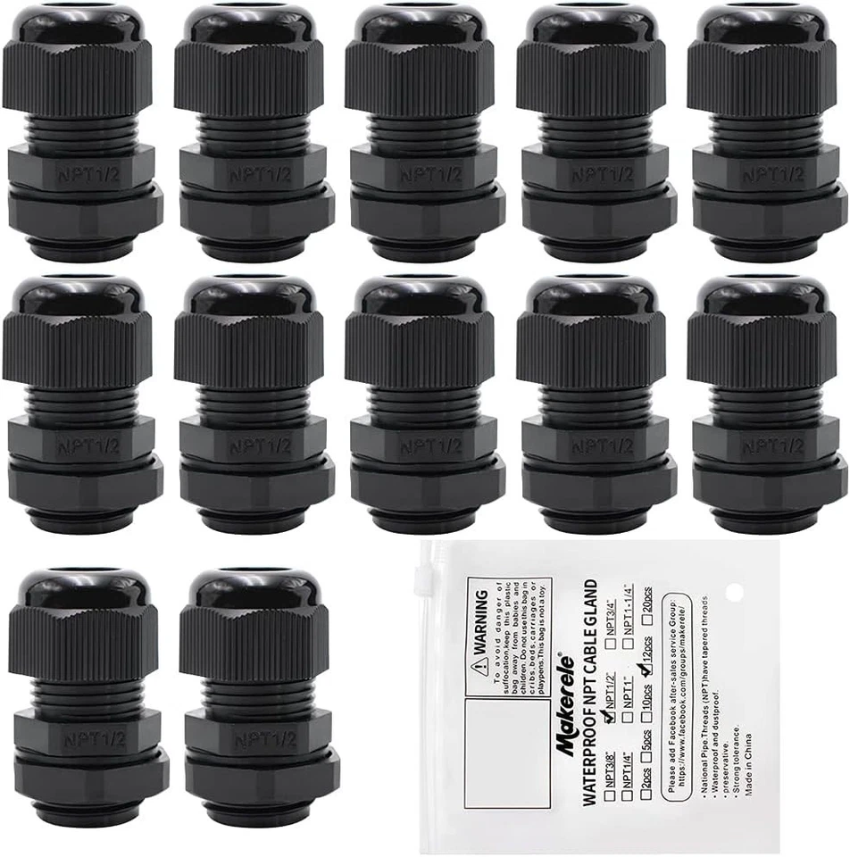 Versatile Waterproof Nylon Cable Glands 1/2" NPT - 12pcs for Industrial Use - Image 3 of 4