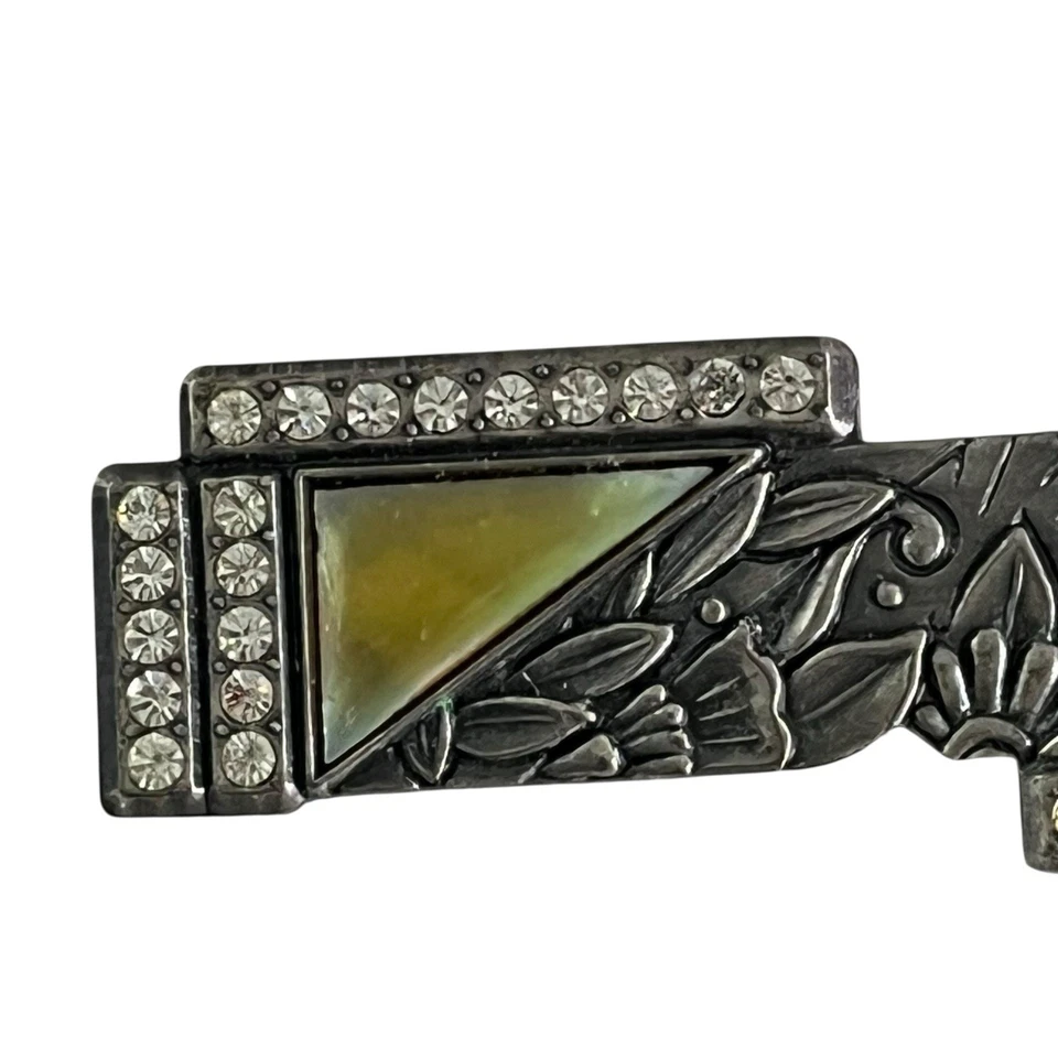 Vintage Nuri Pewter Brooch Bar Pin Art Deco Revival Rhinestones Abalone Signed - Image 3 of 4