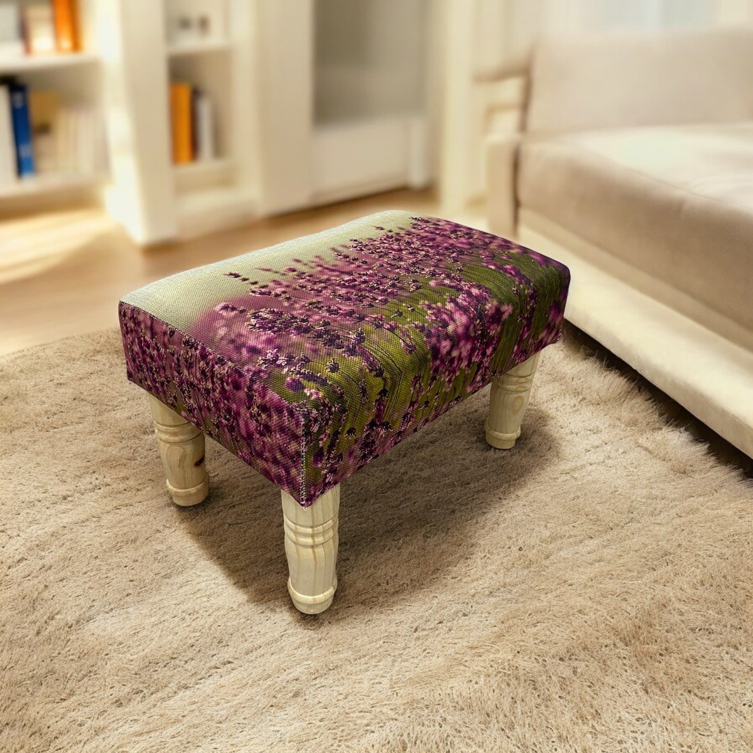 Lavender Printed Linen Footstool  Country Cottage Style Padded Stool for Lounge