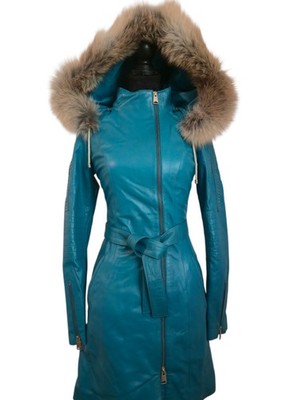 Genuine Leather Ottimo Long Coat Shearling Fur Hood Belted Teal Womens S