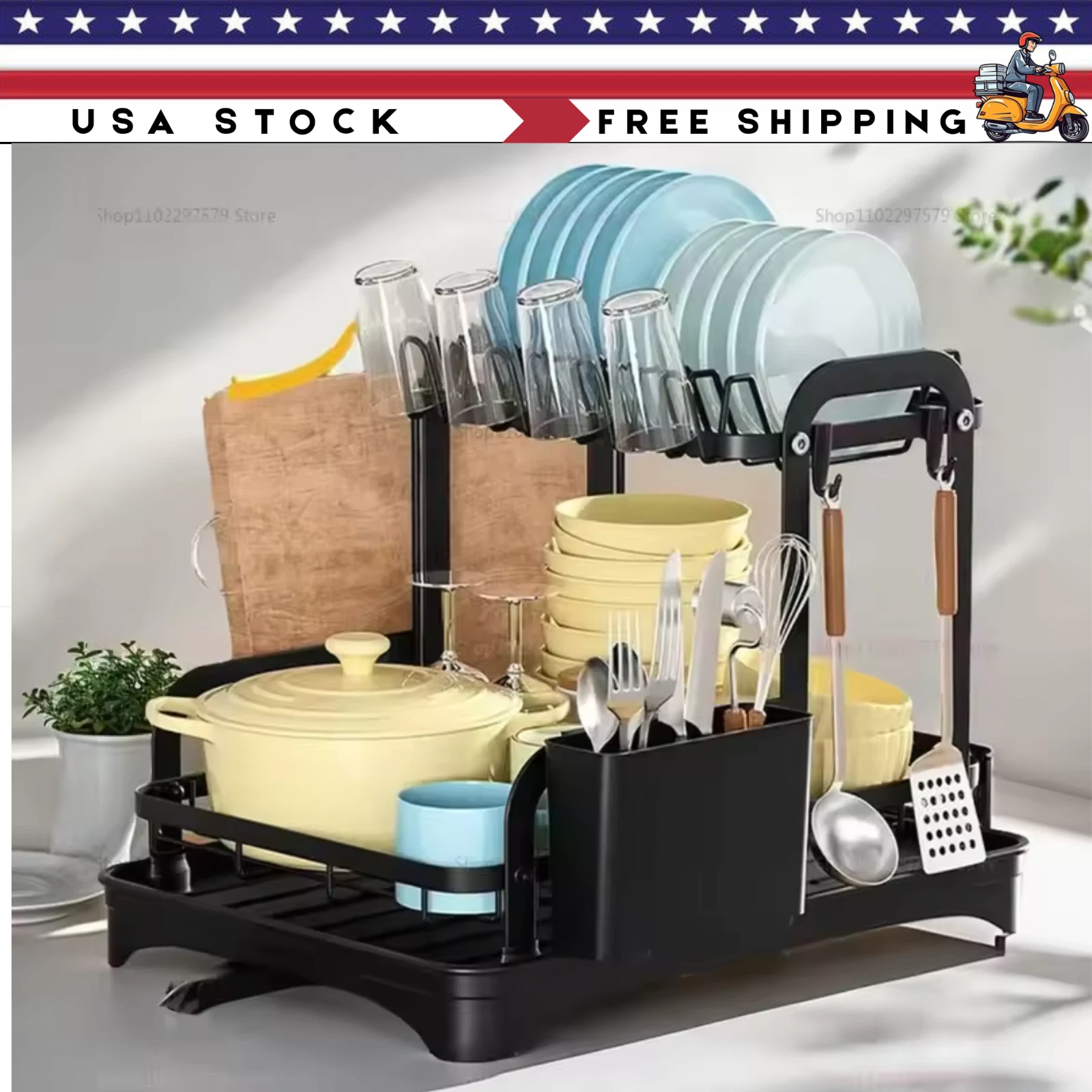 Over Sink 2 Tier Stainless Steel Dish Drainer Drying Rack for Kitchen Storage