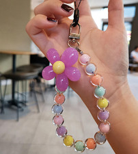Trendy Girl Keychain Phone Lanyard with Crystal Bead Bracelet Flower Wrist