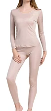 Silk Long Johns Thermal Underwear Set for Cold Weather, Large, Beige