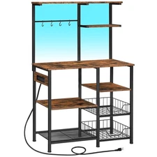 Bakers Rack with Power Outlet and LED Light, 6-Tier Microwave Stand with Wire...
