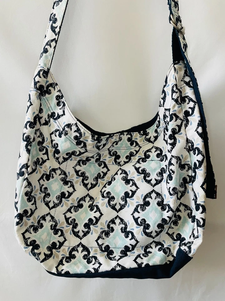 Bolso Hobo Retro Metro Thirty One Mujer Blanco Azul Estampado Damasco Correa Ajustable Foto 2 de 4