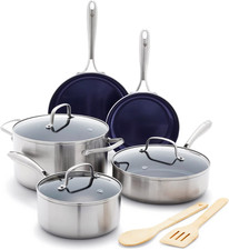 Blue Diamond HD Stainless Steel Clad Pro 10 Piece Pots and Pans Set Silver NEW